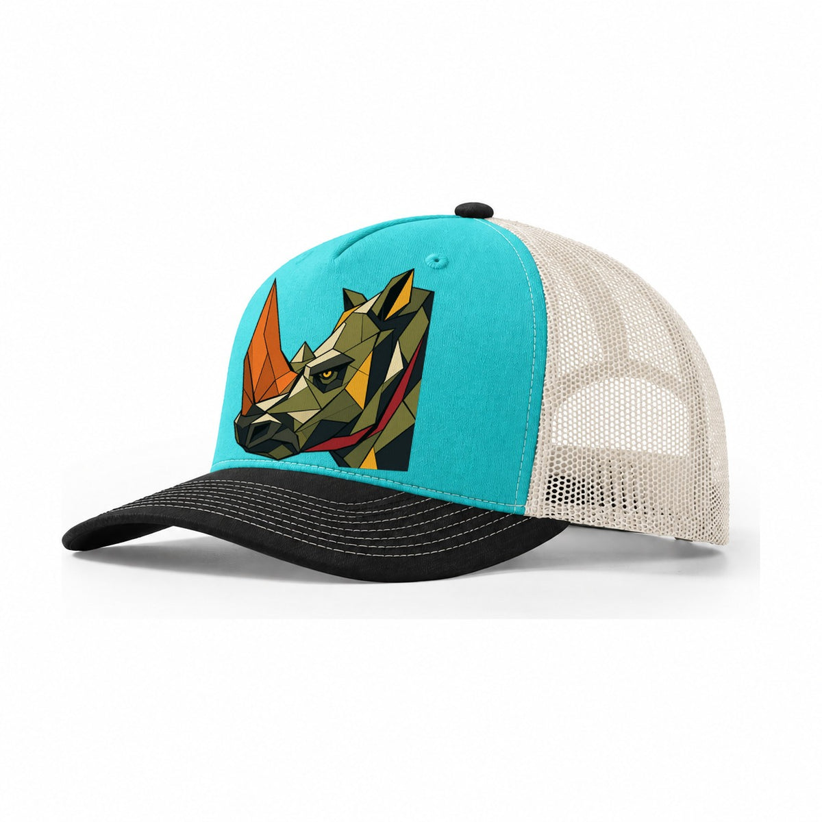 Rhinoceros Profile Horn Trucker Hat – Aqua Black White