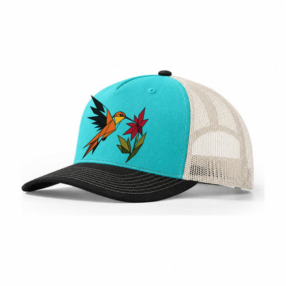 Hummingbird Hover Trucker Hat – Aqua Black White