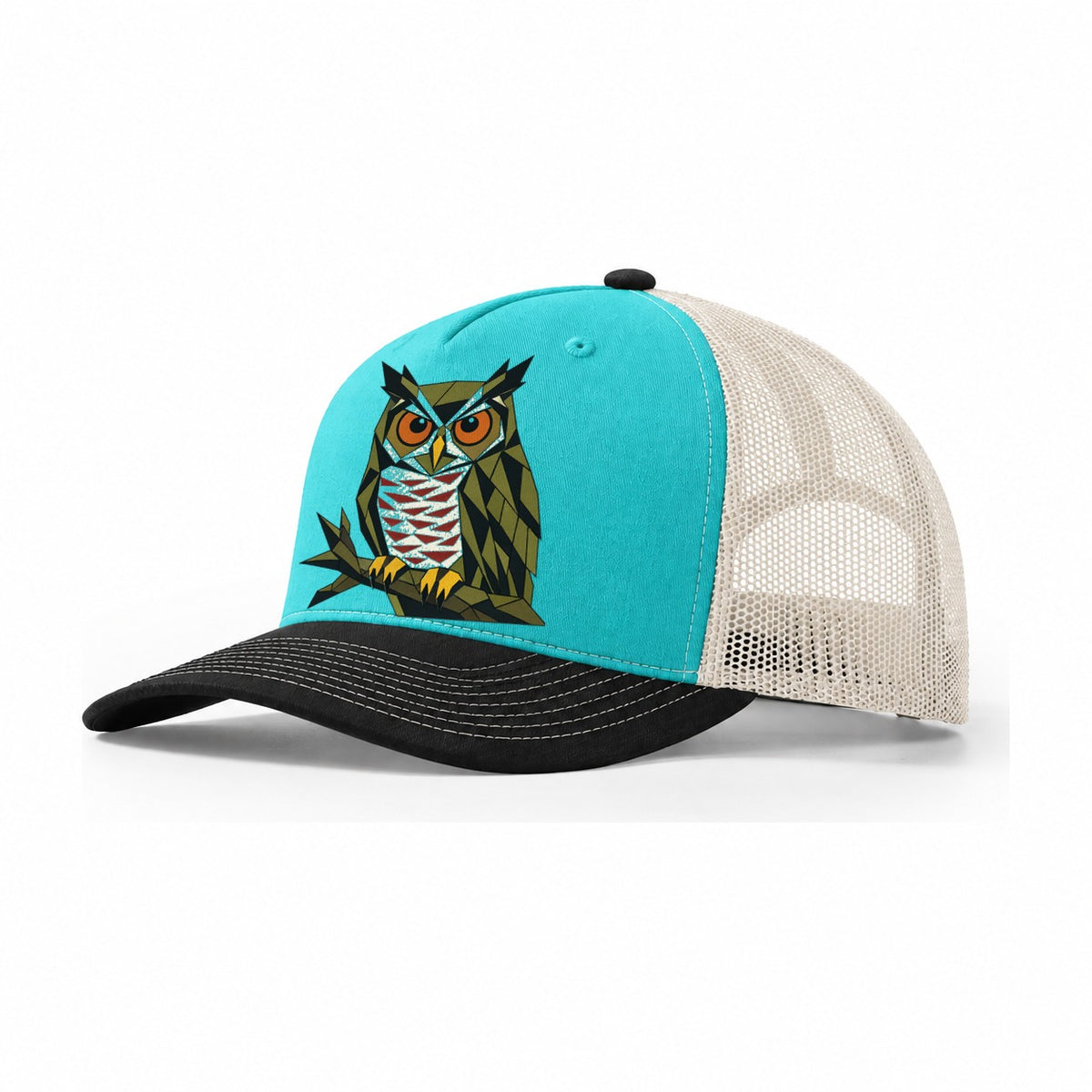 Great Horned Owl Perch Trucker Hat – Aqua Black White