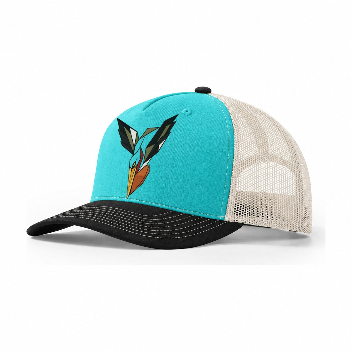 Pelican Dive Throat Pouch Trucker Hat – Aqua Black White