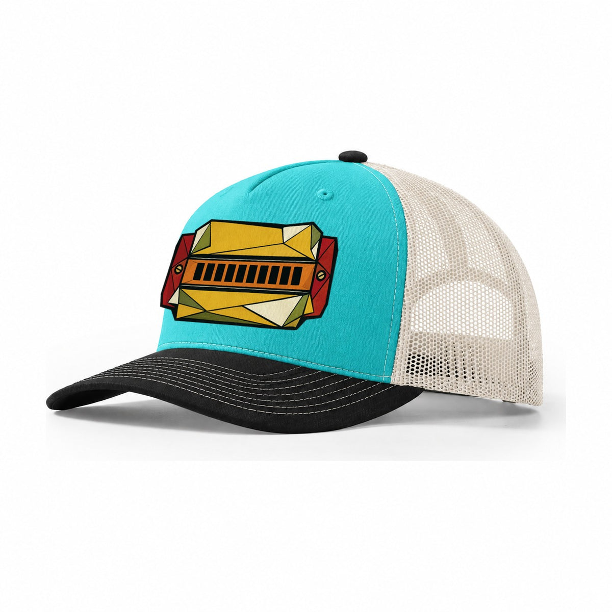 Harmonica Close Up Trucker Hat – Aqua Black White