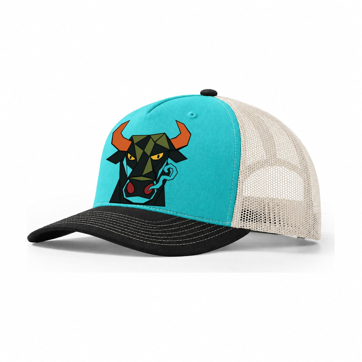 Bull Frontal Flared Nostrils Trucker Hat – Aqua Black White