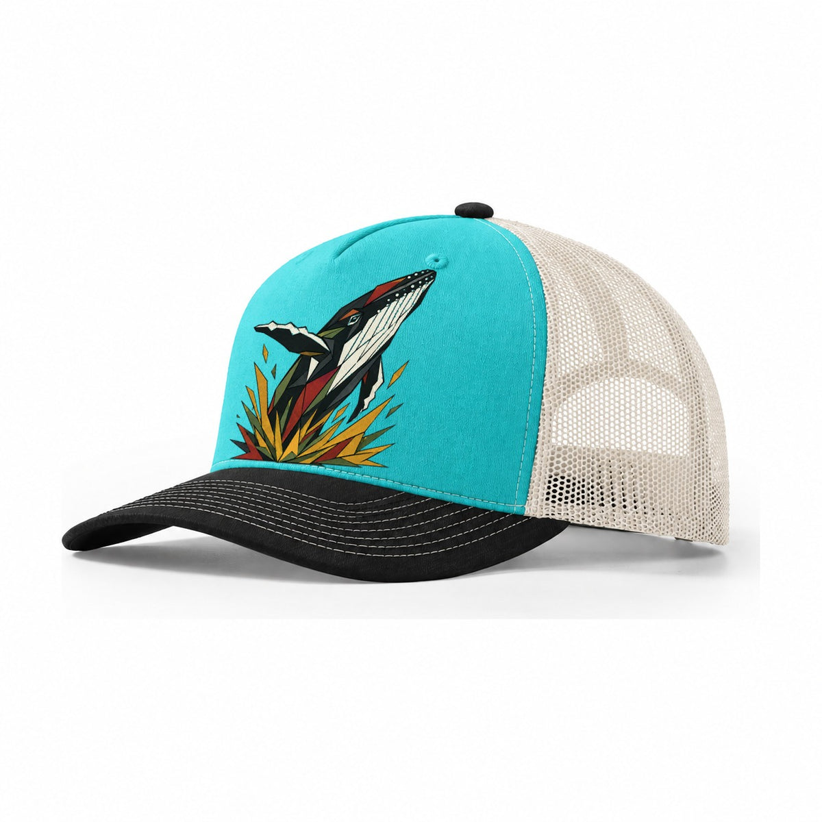 Whale Breach Silhouette Trucker Hat – Aqua Black White