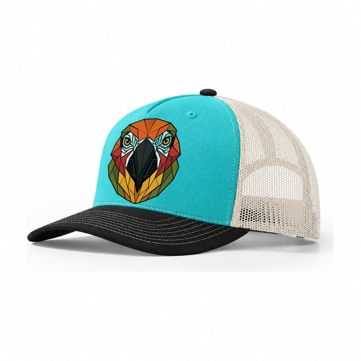 Macaw Parrot Portrait Trucker Hat – Aqua Black White