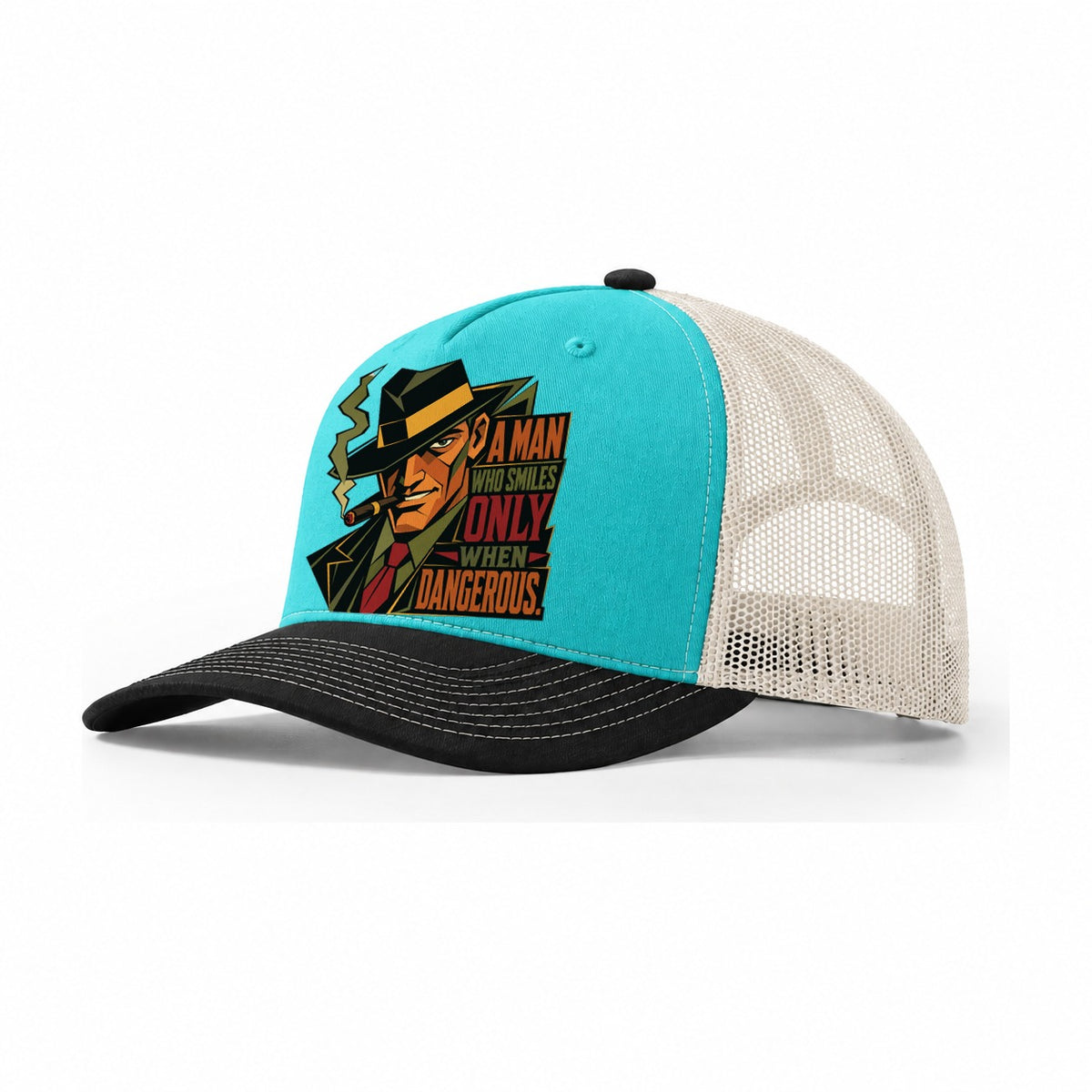 Gangster Portrait Trucker Hat – Aqua Black White