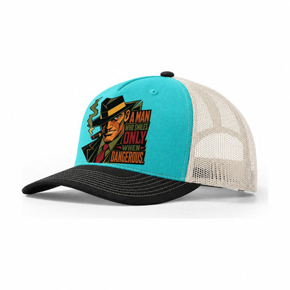 Gangster Portrait Trucker Hat – Aqua Black White