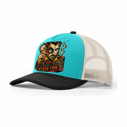 Watchmaker Loupe Portrait Trucker Hat – Aqua Black White