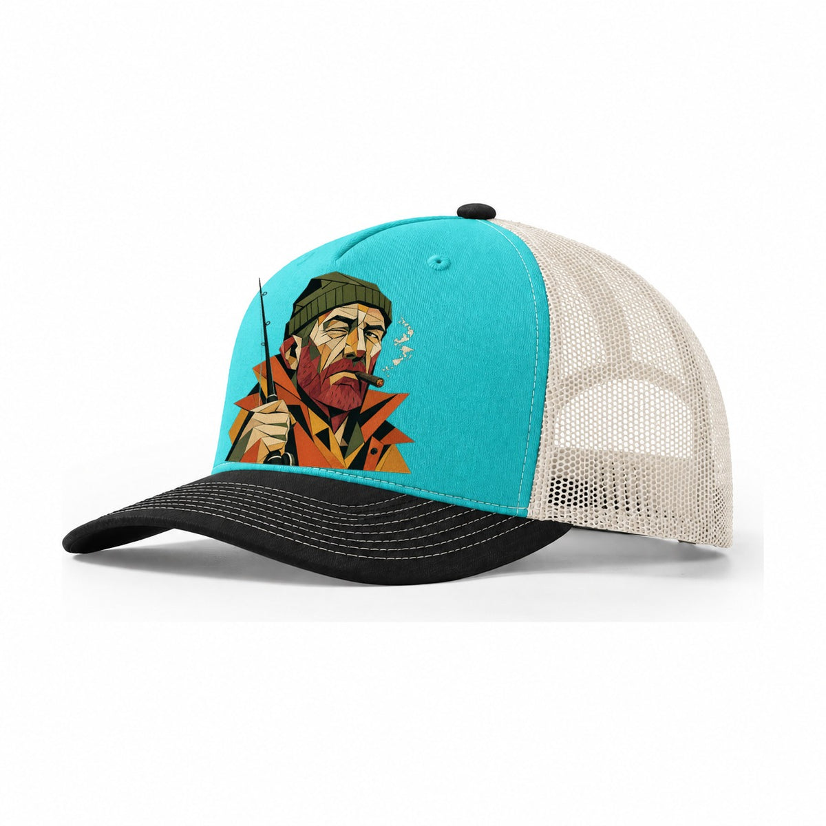 Fisherman Portrait Rod Trucker Hat – Aqua Black White