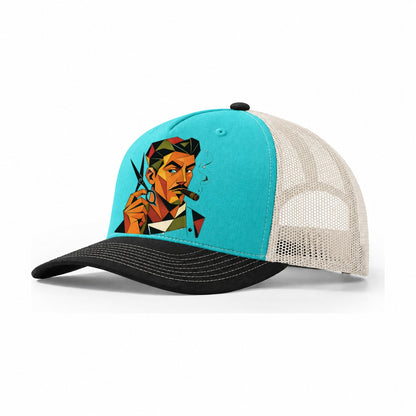 Barber Scissors Portrait Trucker Hat – Aqua Black White
