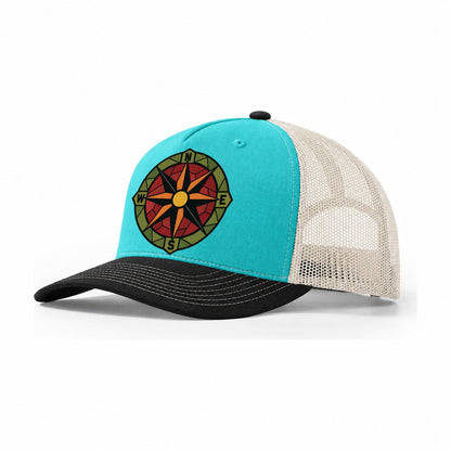 Compass Rose Navigator Trucker Hat – Aqua Black White