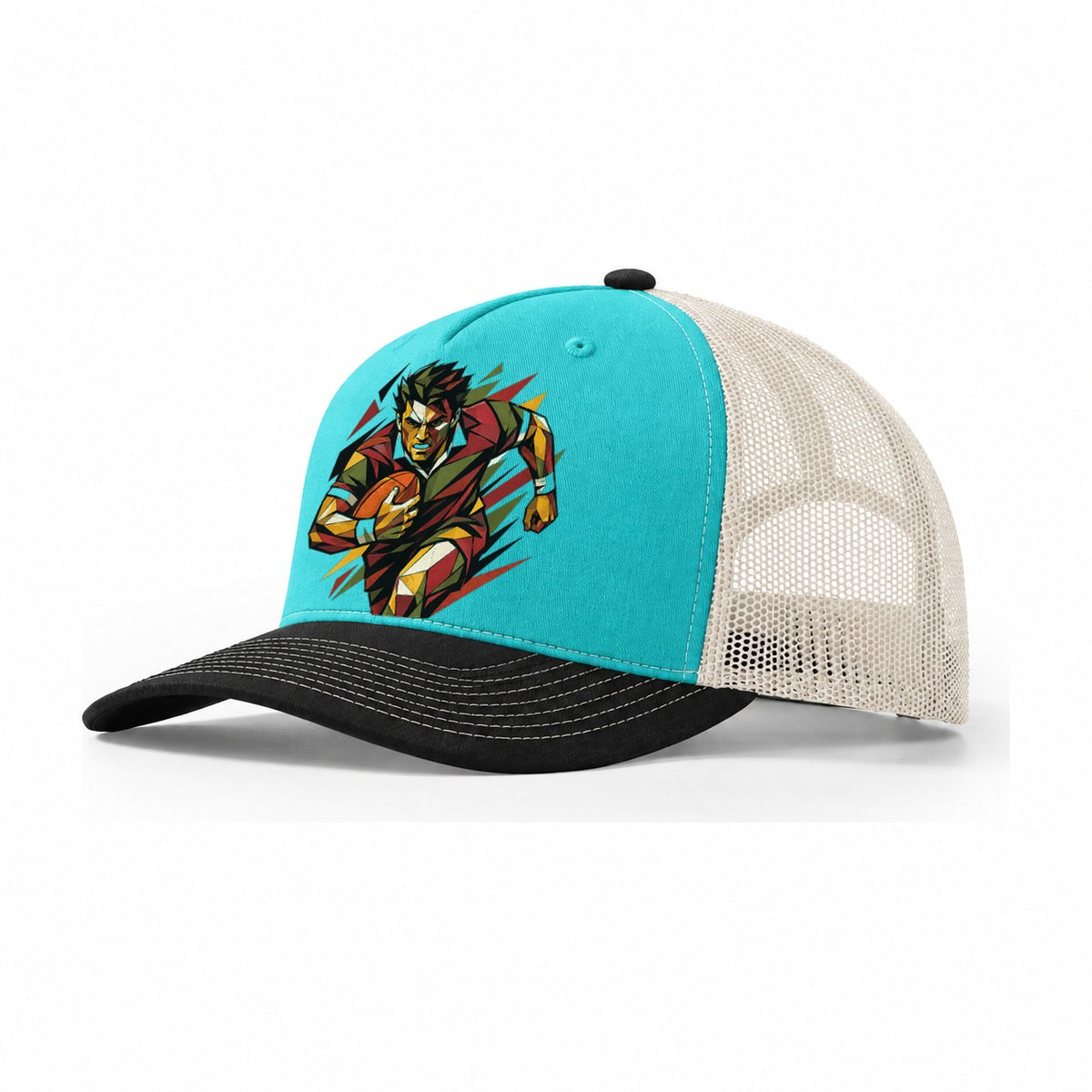 Rugby Player Carrying Ball Trucker Hat – Aqua Black White