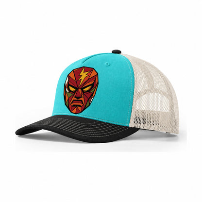 Masked Wrestler Portrait Trucker Hat – Aqua Black White