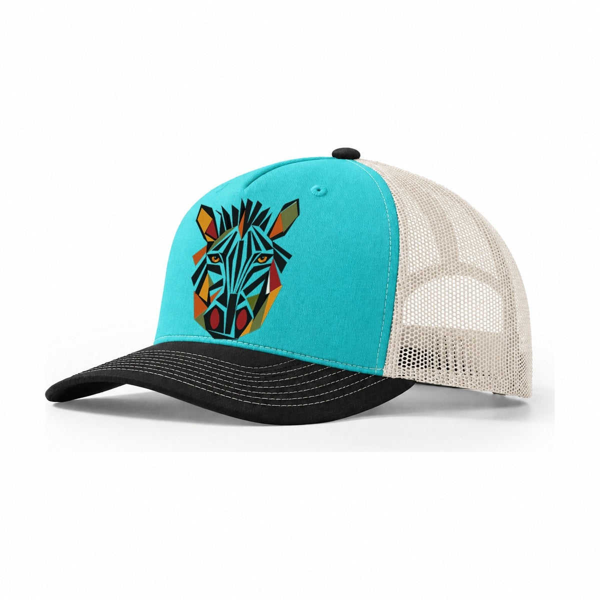 Zebra Geometric Stripes Trucker Hat – Aqua Black White
