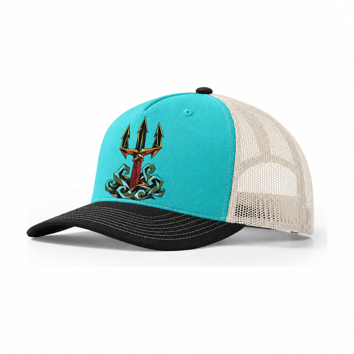 Neptune Raises His Trident Trucker Hat – Aqua Black White