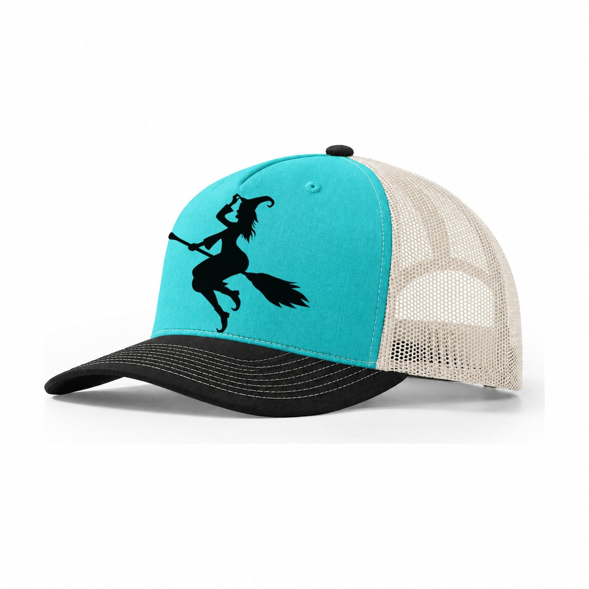 Enchanting Witch On Broom Hat Limited Edition Trucker Hat – Aqua Black White