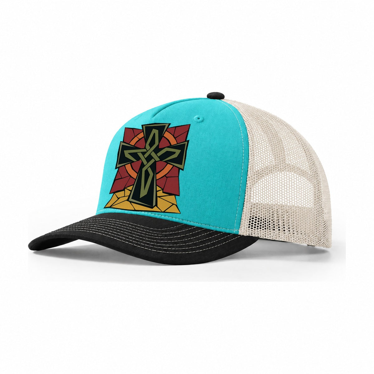 Celtic Cross Geometric Trucker Hat – Aqua Black White