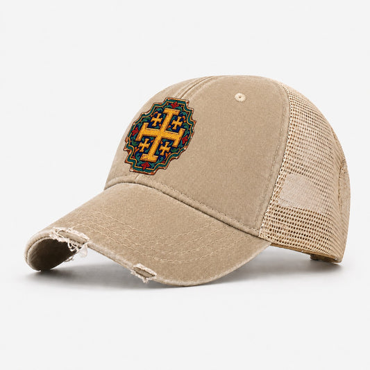 Armenian Hand Painted Ceramic Tile Jerusalem Cross Washed Trucker Hat – Khaki