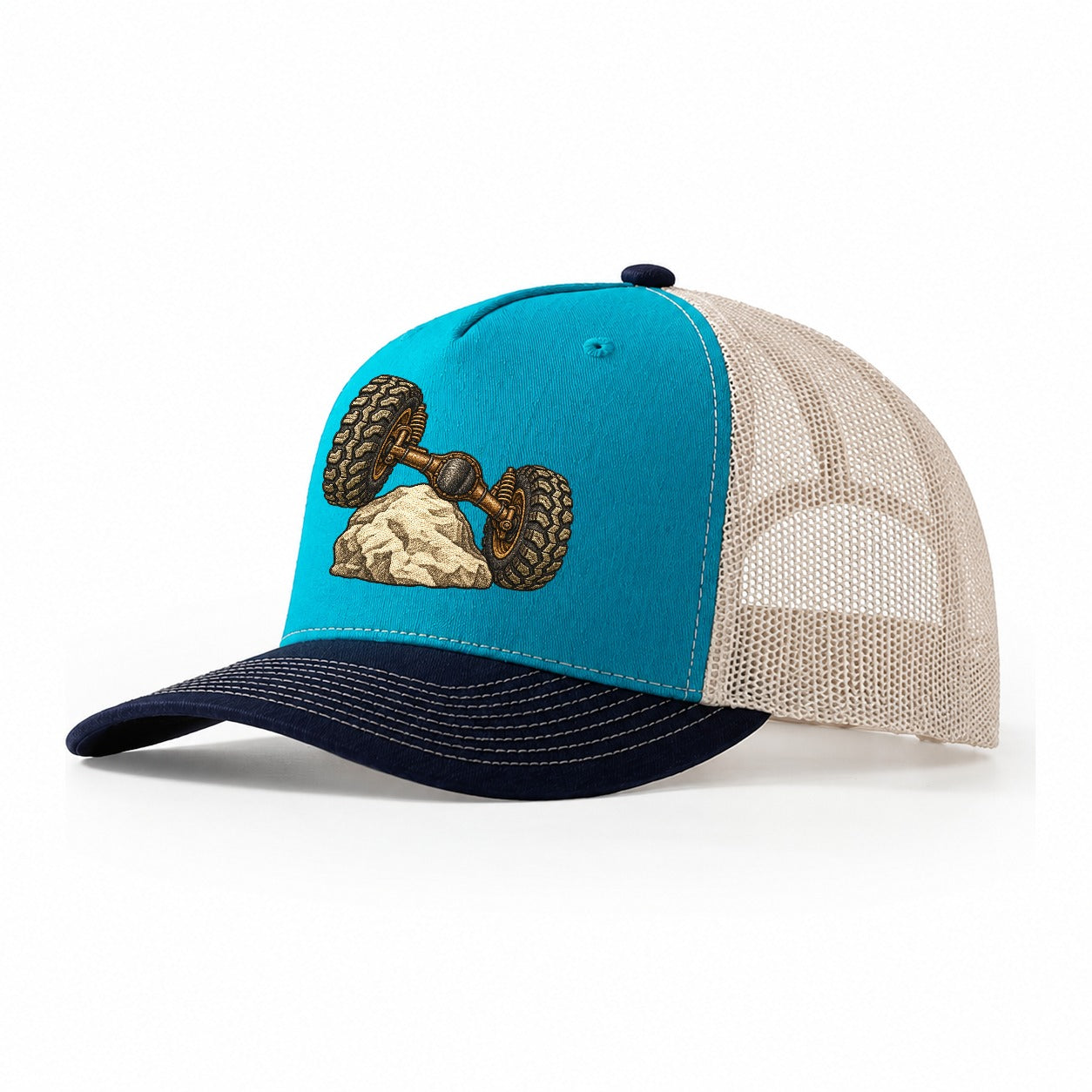 Articulated Axle Over A Rock Off Roading And Overlanding Trucker Hat – Teal Navy