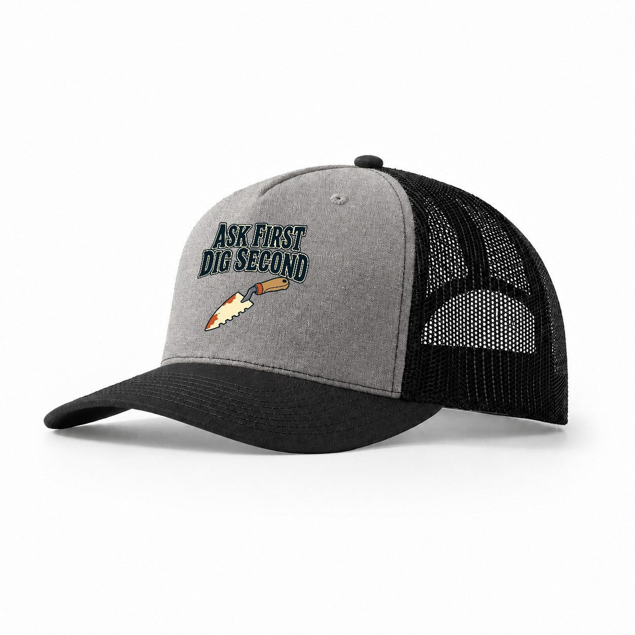 Ask First Dig Second Treasure Hunting Trucker Hat – Grey Black
