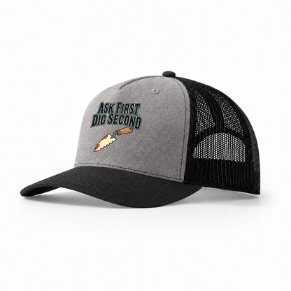 Ask First Dig Second Treasure Hunting Trucker Hat – Grey Black