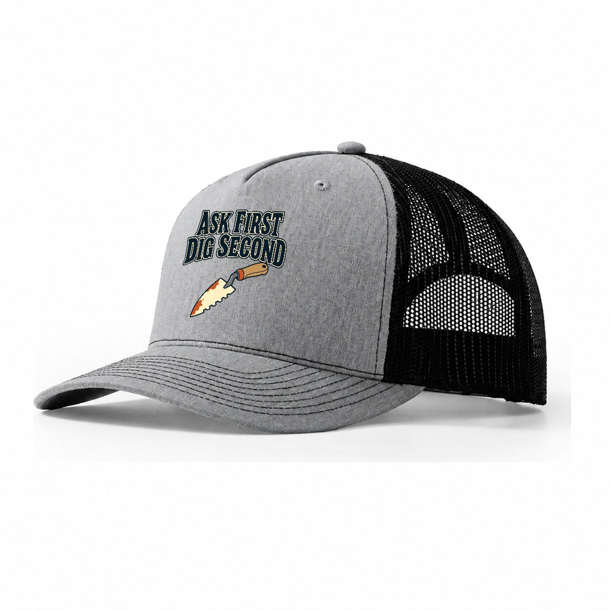 Ask First Dig Second Treasure Hunting Trucker Hat – Sport Grey Black