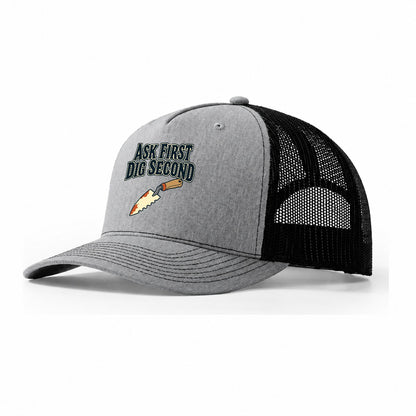 Ask First Dig Second Treasure Hunting Trucker Hat – Sport Grey Black