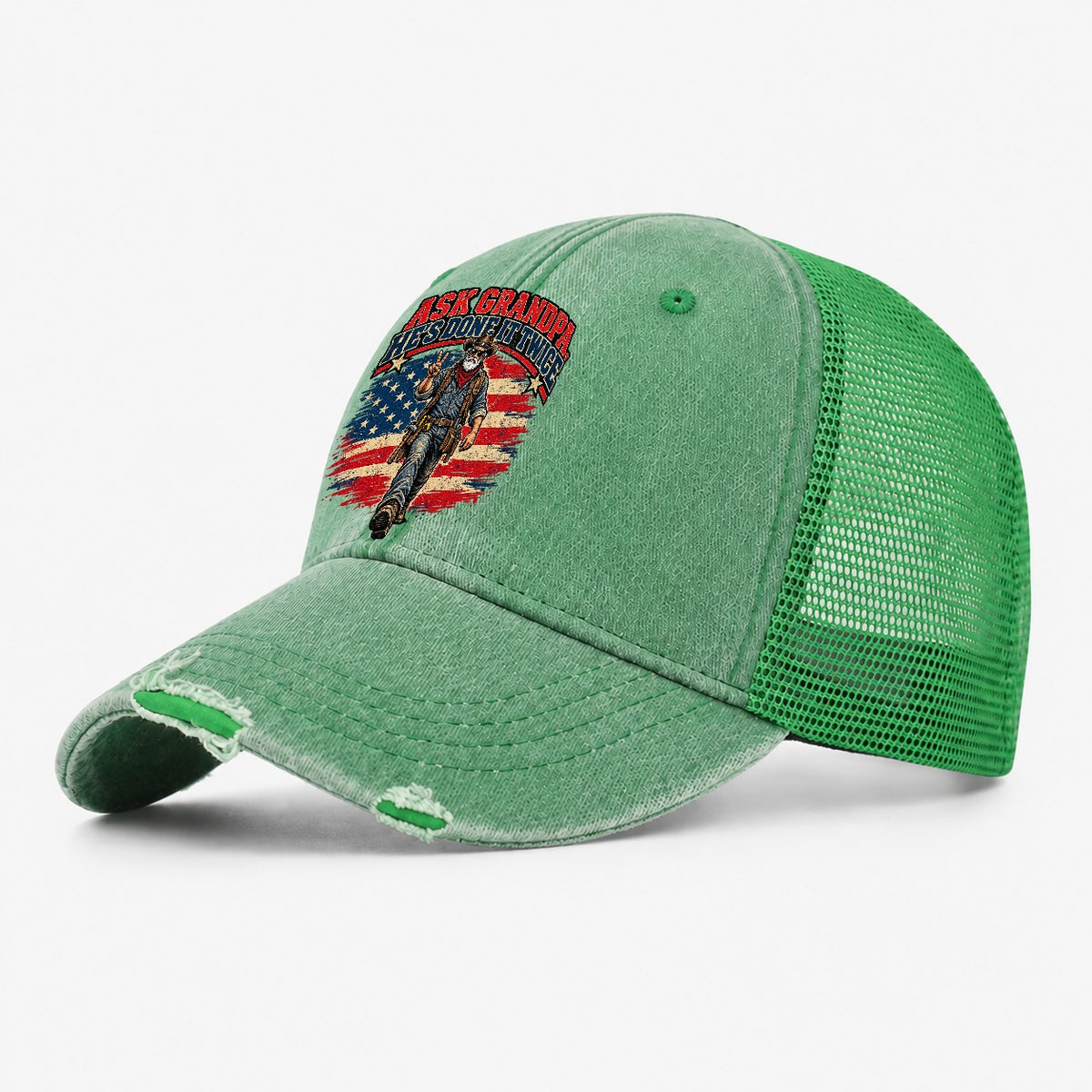 Ask Grandpa He S Done It Twice Old Man Strong Washed Trucker Hat – Ink Green