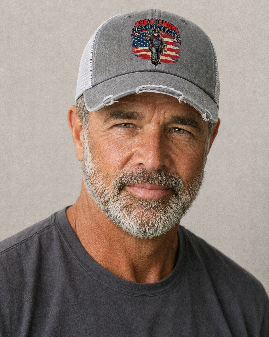 Ask Grandpa, He's Done It Twice Old Man Strong Washed Trucker Hat – studio model photo