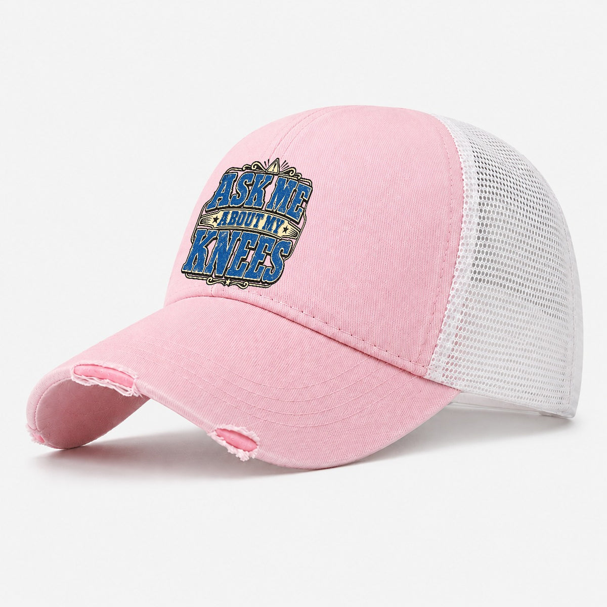 Ask Me About My Knees American Wit Washed Trucker Hat – Light Pink
