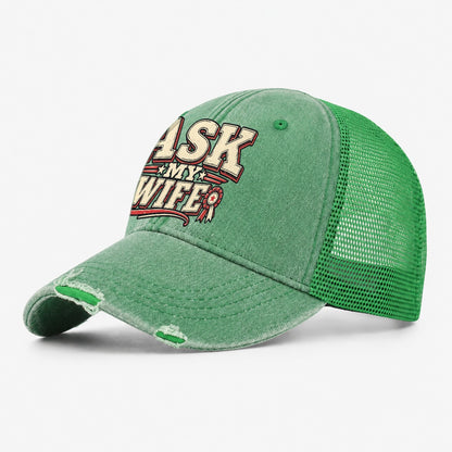 Ask My Wife American Wit Washed Trucker Hat – Ink Green