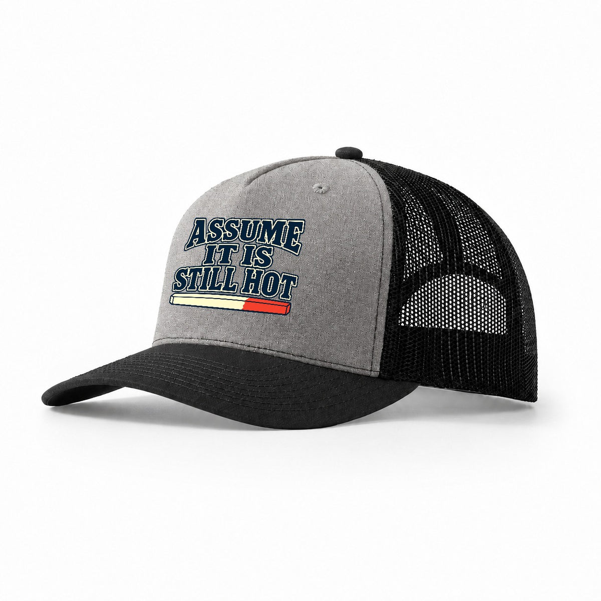 Assume It Is Still Hot Blacksmithing Trucker Hat – Grey Black