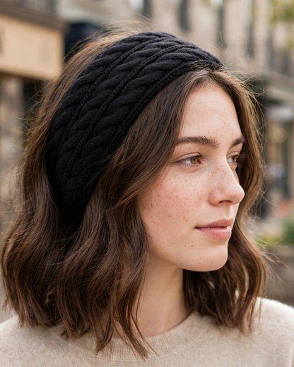Merino Wool Wide Braided Headband — lifestyle photo worn by a model
