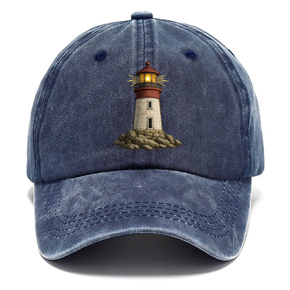 illuminated lighthouse on a rocky shore Hat