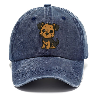 yorkipoo small brown and black sitting pose portrait design Hat