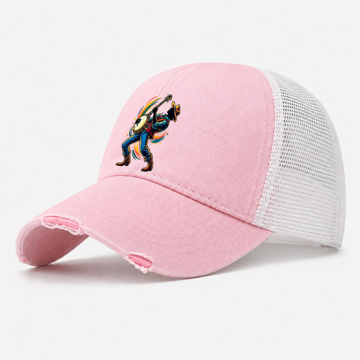 Banjo Icon Music Instruments Washed Trucker Hat – Light Pink