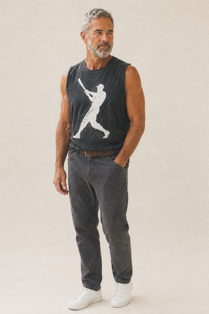 Baseball Batter In Full Swing Vintage Washed Tank – studio model photo