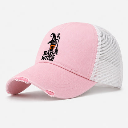 Basic Witch Slogan Witch Magic Washed Trucker Hat – Light Pink