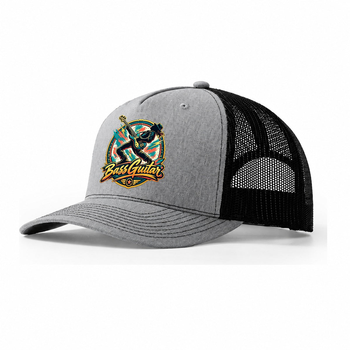 Bass Guitar Crest Music Instruments Trucker Hat – Sport Grey Black