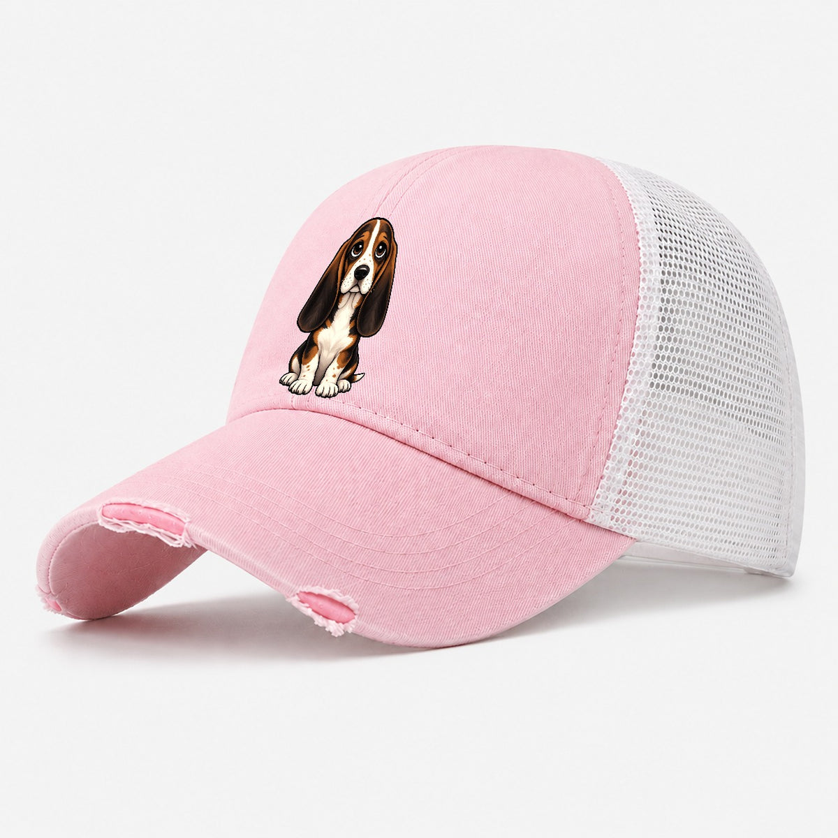 Basset Hound Sitting Sweetheart Washed Trucker Hat – Light Pink