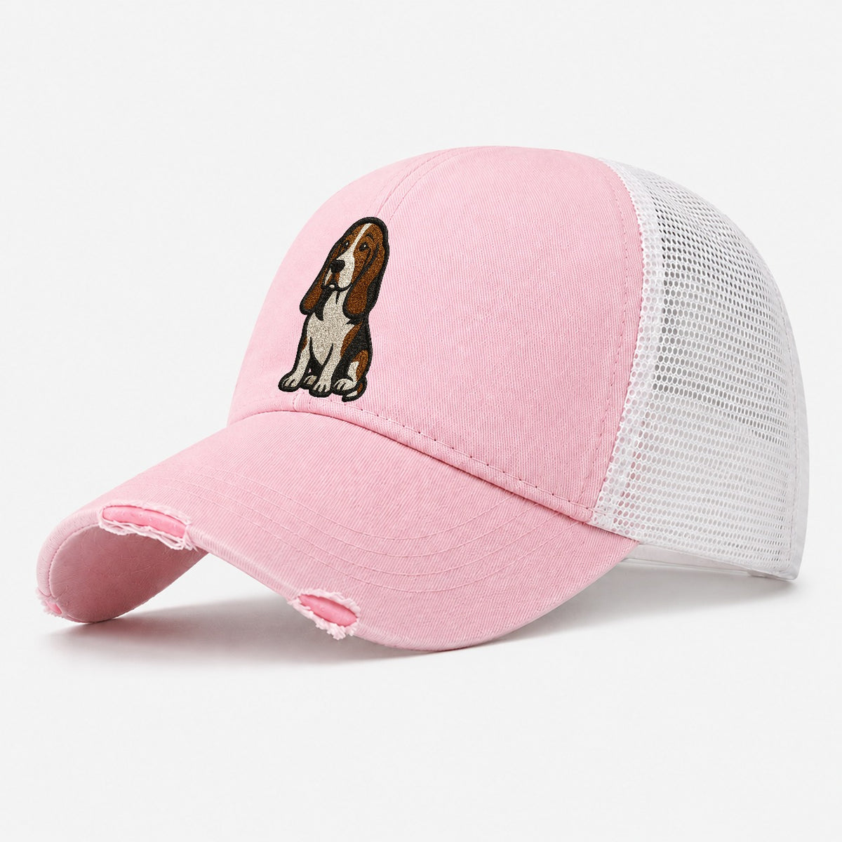 Basset Hound Tri Color Embroidered Sitting Pose Washed Trucker Hat – Light Pink