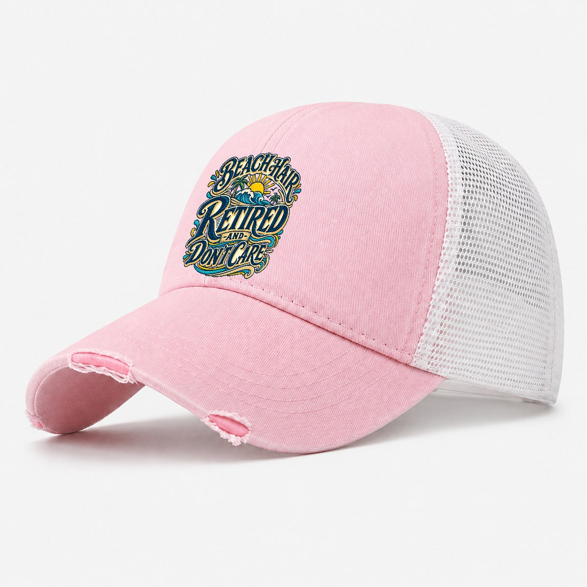 Beach Hair Retired And Don T Care Retired Living Washed Trucker Hat – Light Pink