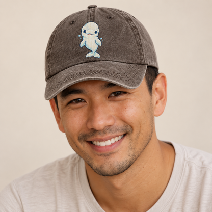 Beluga Whale Front Smile Sea Sprite Classic Cap — studio model wearing the hat