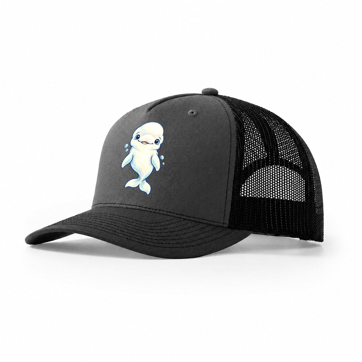 Beluga Whale Front Smile Sea Sprite Trucker Hat – Dark Grey Black