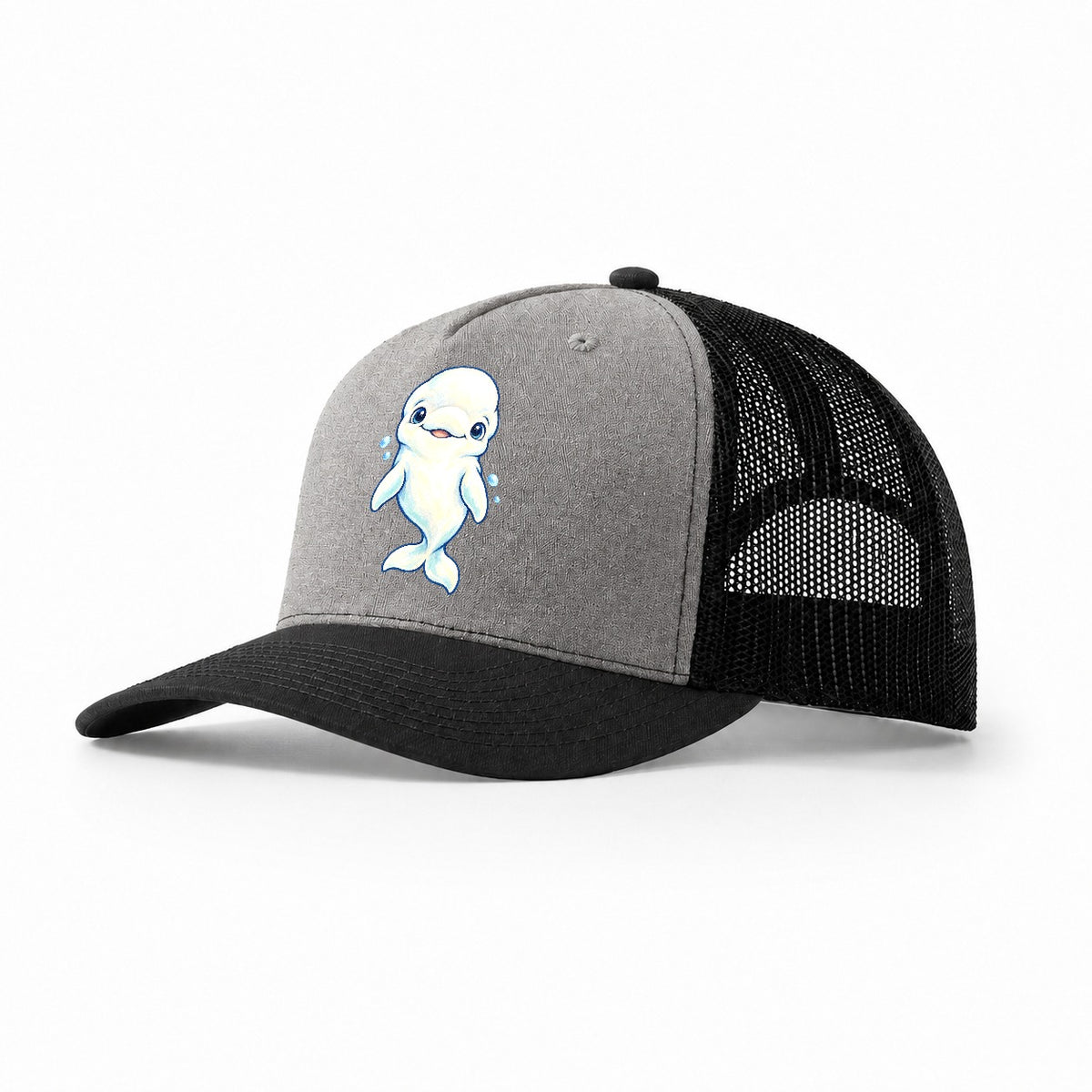 Beluga Whale Front Smile Sea Sprite Trucker Hat – Grey Black