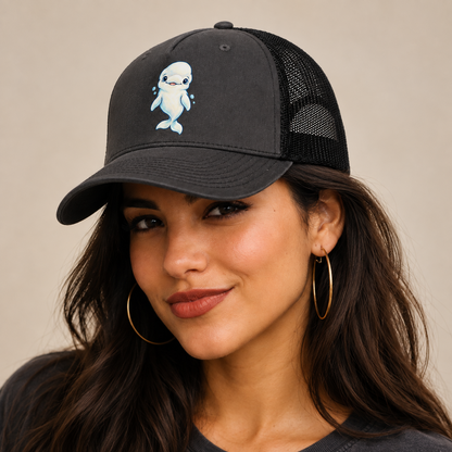 Beluga Whale Front Smile Sea Sprite Trucker Hat — studio model wearing the hat