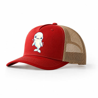 Beluga Whale Front Smile Sea Sprite Trucker Hat – Red Khaki