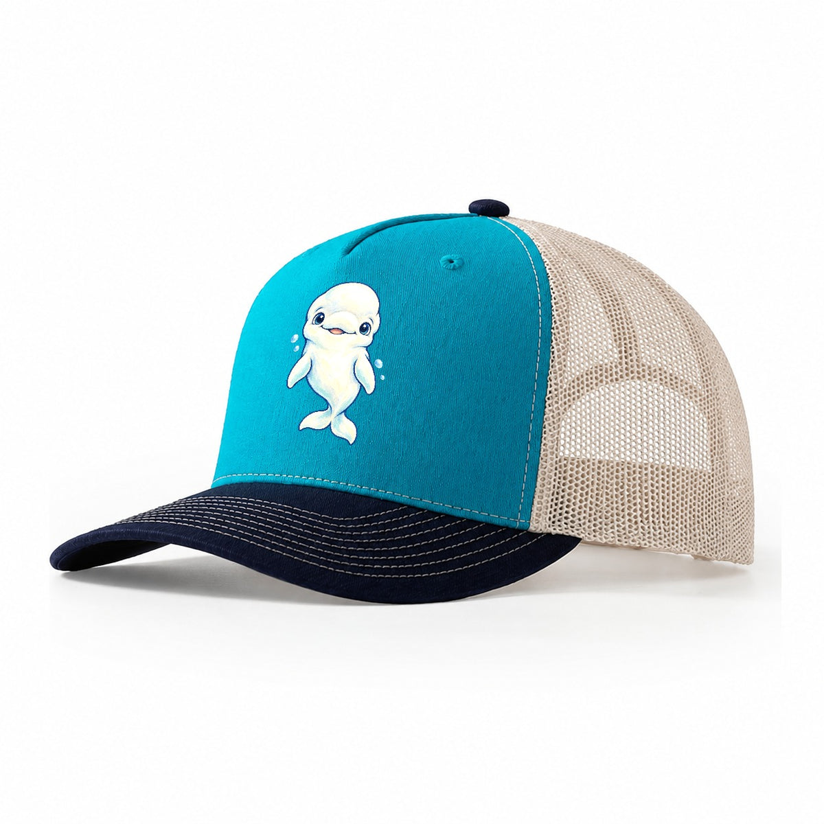 Beluga Whale Front Smile Sea Sprite Trucker Hat – Teal Navy