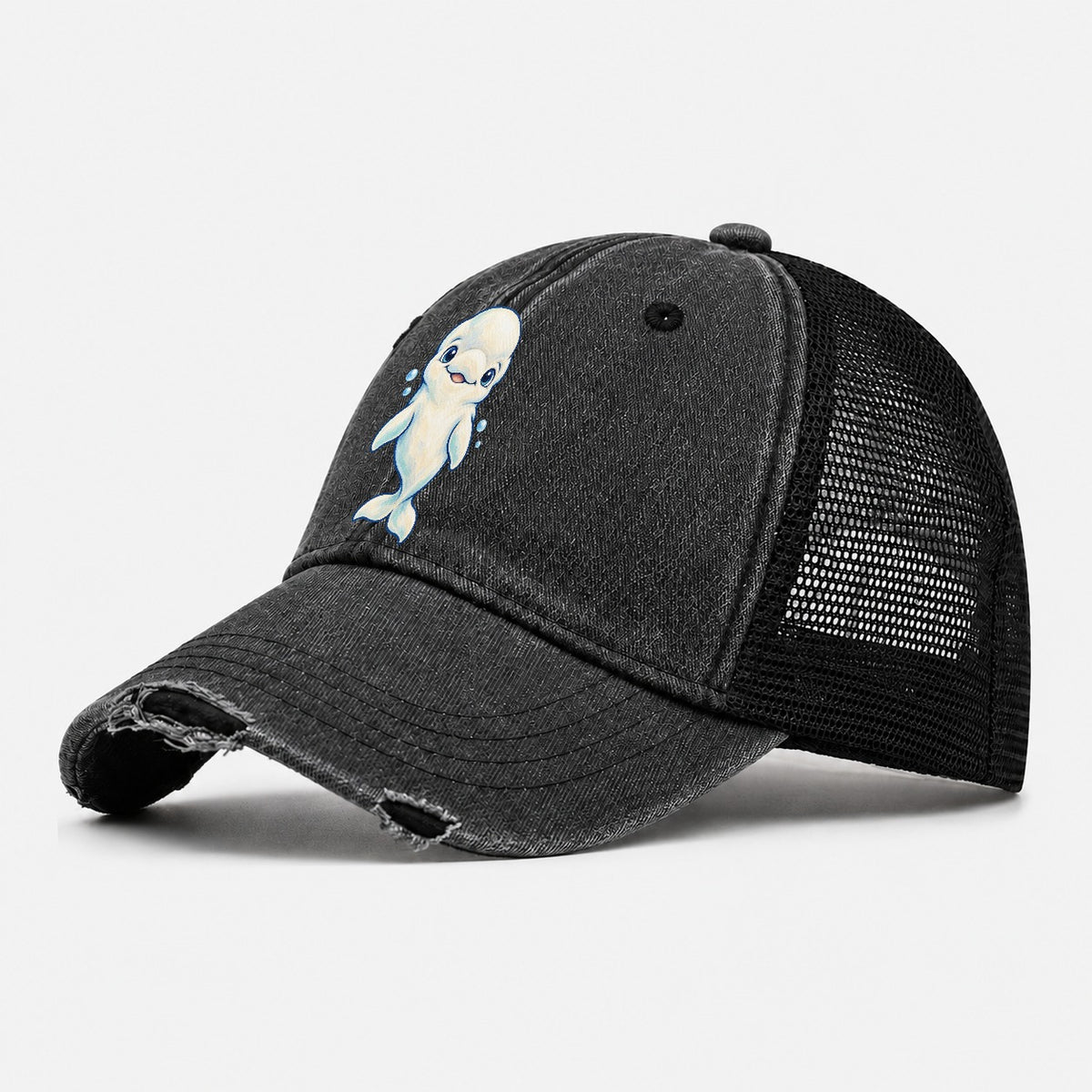 Beluga Whale Front Smile Sea Sprite Washed Trucker Hat – Black