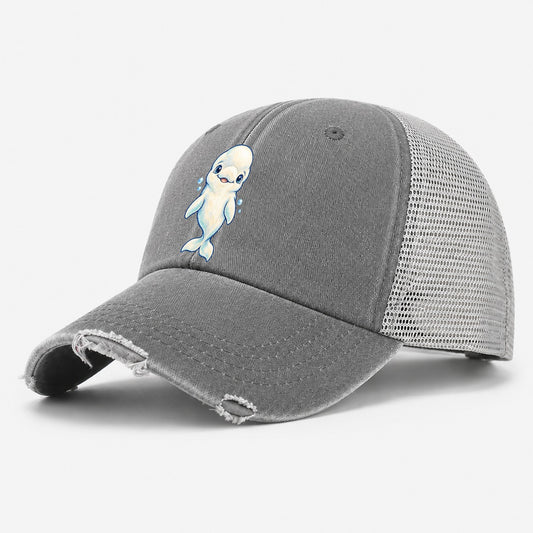 Beluga Whale Front Smile Sea Sprite Washed Trucker Hat – Grey