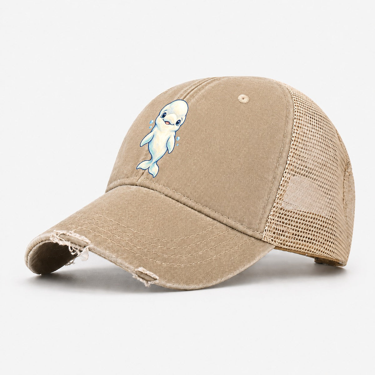 Beluga Whale Front Smile Sea Sprite Washed Trucker Hat – Khaki